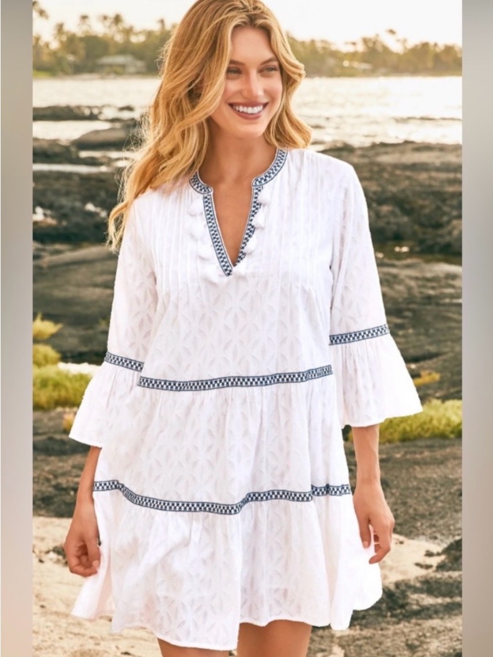 Tommy Bahama White Cotton Tiered Dress with Navy Embroidery St Barth